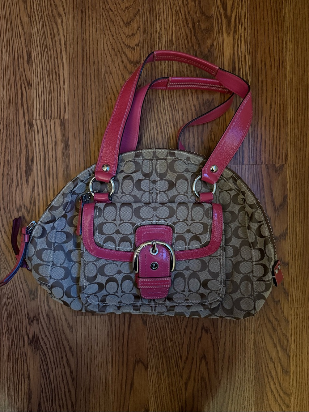 Vintage Coach Brown Signature Tote with Pink Leather Trim